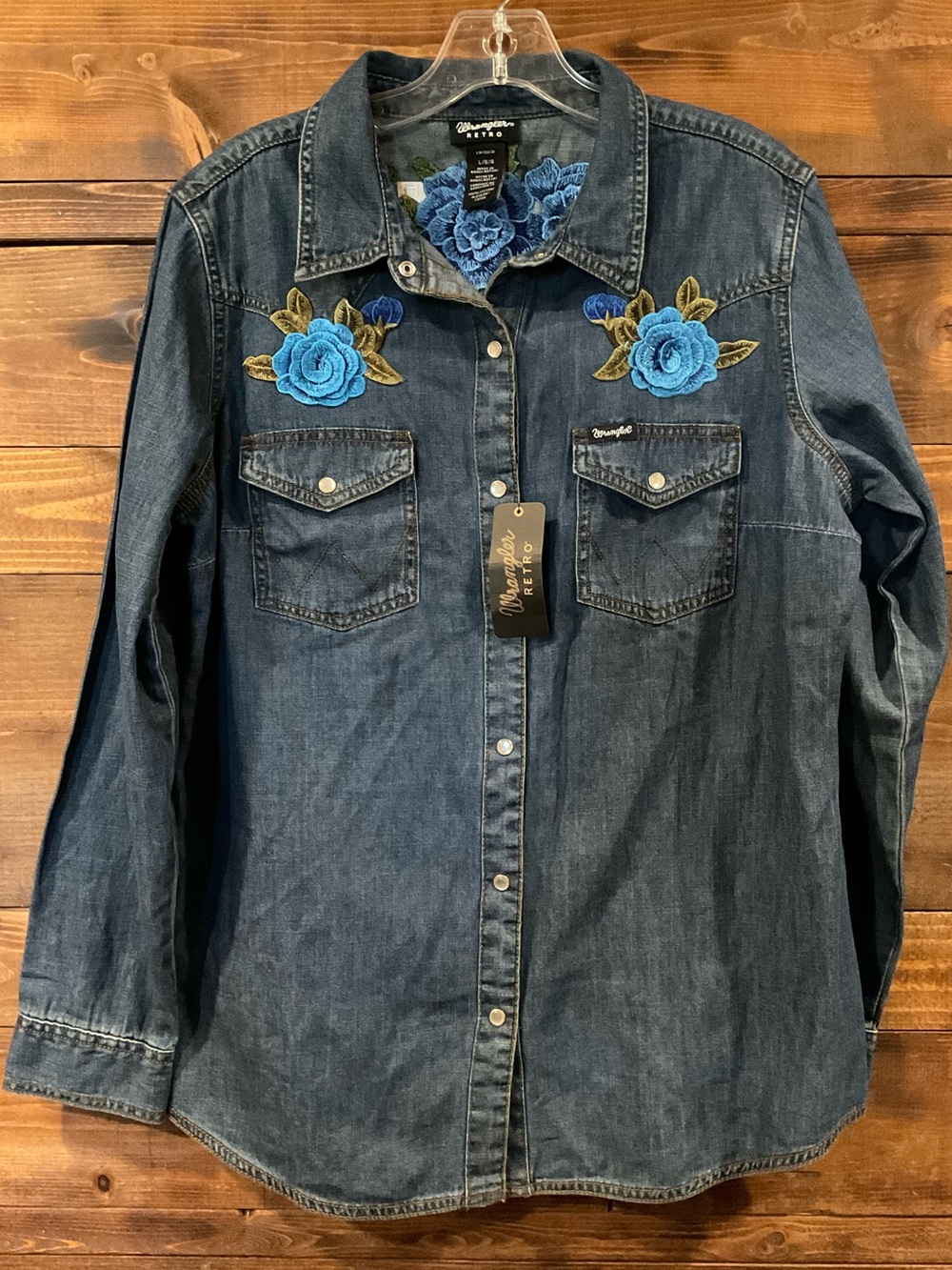 Cowboy Wrangler RETRO Denim Snap Button Shirt Embroidered Blue Roses Women's L